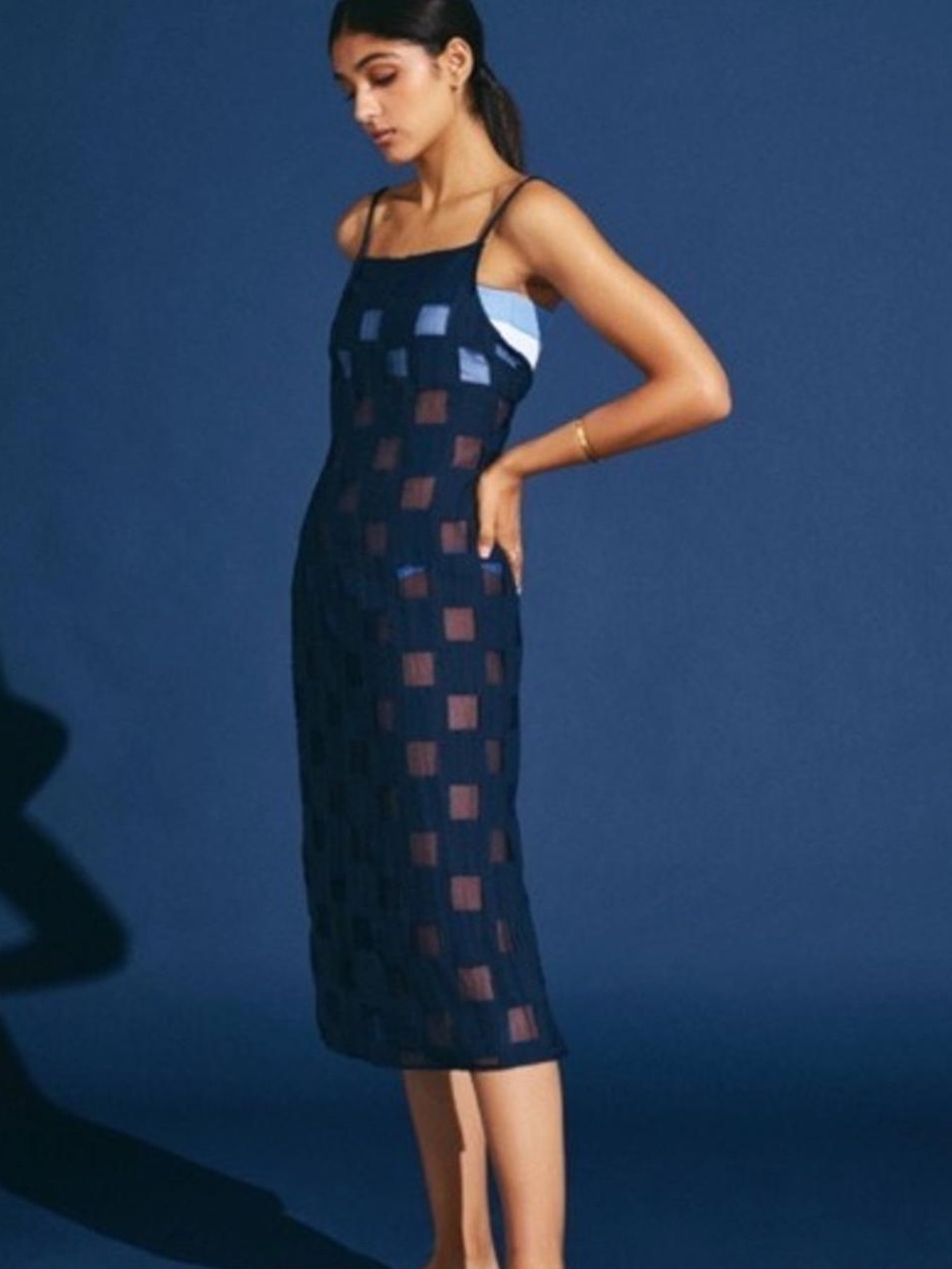 ONIA Onia Midi Dress Navy Sheer Checkered Overlay Side Slit XS